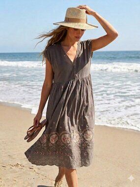 Johnny Was Grey Embroidered Boho Tunic Sundress  Size L